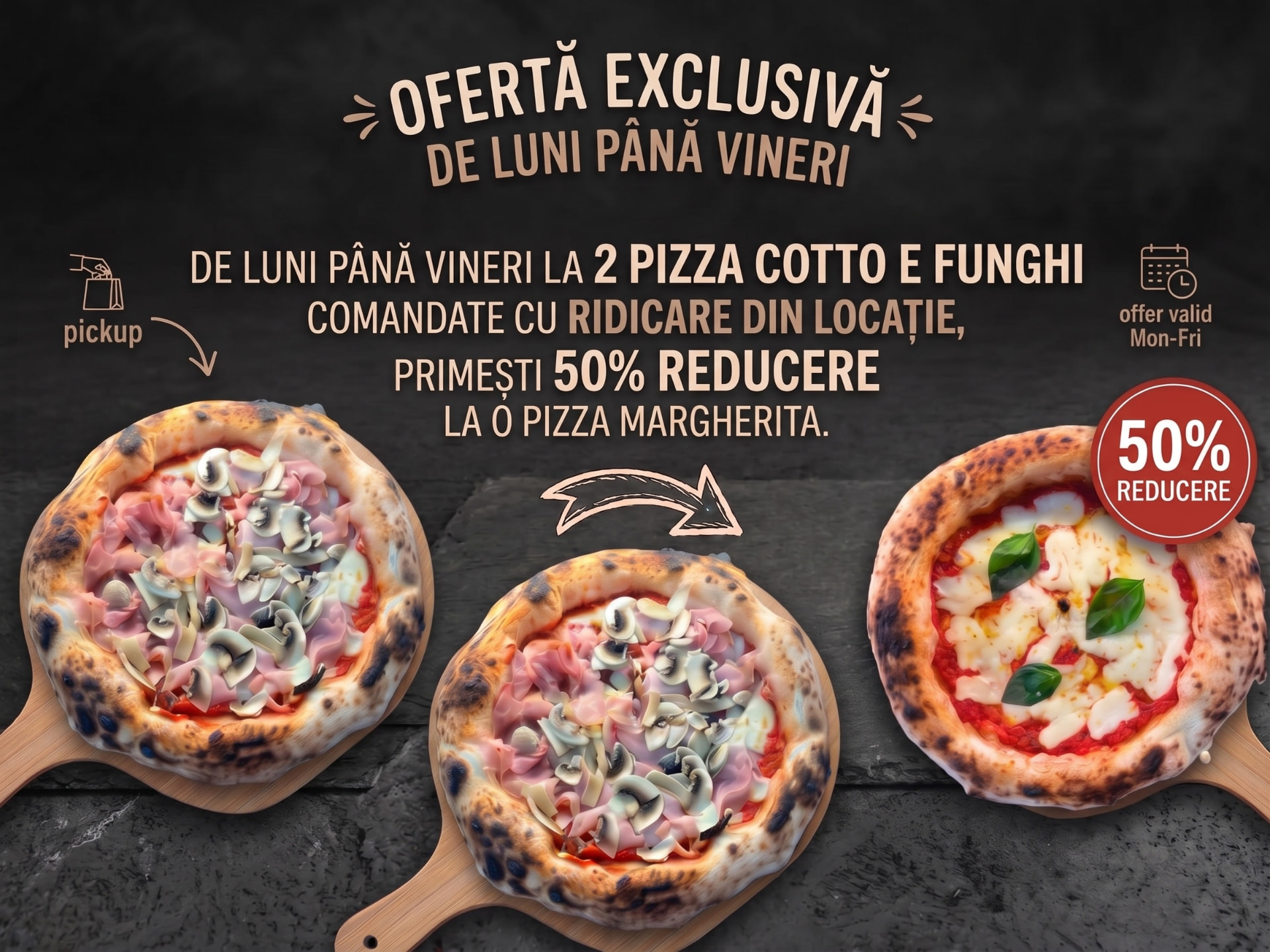 Ofertă: 2 pizza Prosciutto e Funghi și o Margherita la 50% reducere